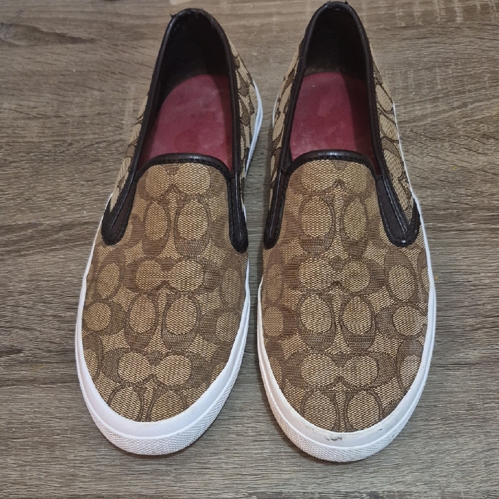 Coach Tan Slip-On Sneakers with Black Trim